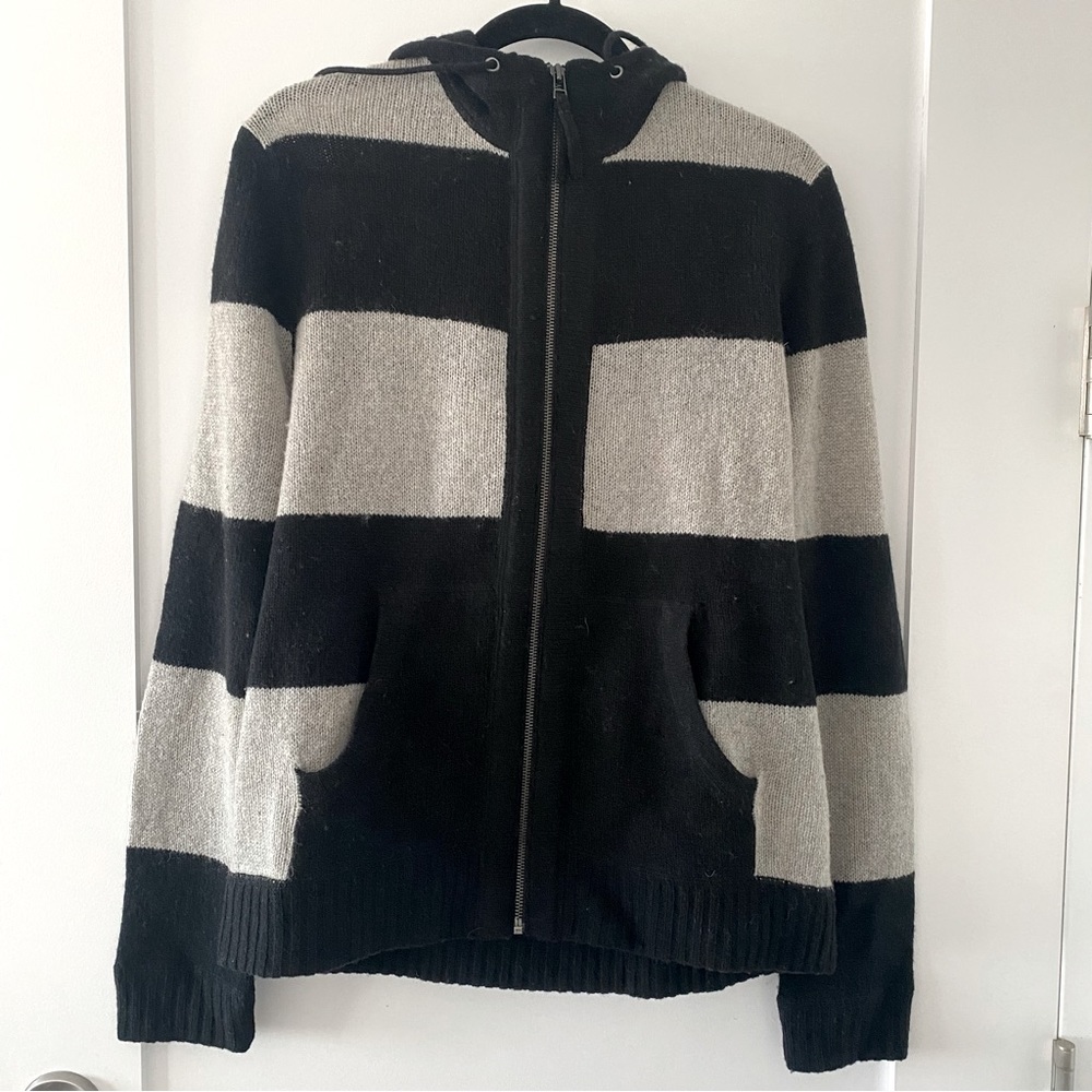 Mens CARDIGAN Merino Lambswool Striped Zip Up Hoodie Sweater Size L NWOT